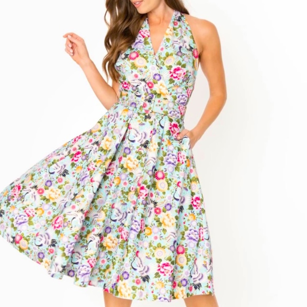 Unique Vintage Mint floral belted halter dress.